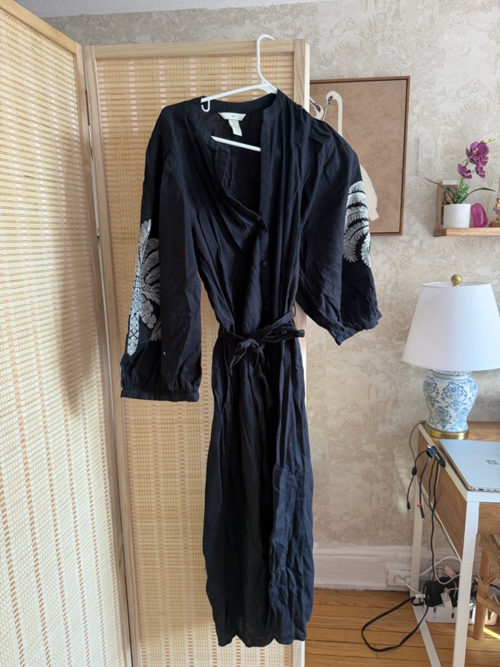 H&M Black Wrap Robe Dress with White Embroidered Sleeves